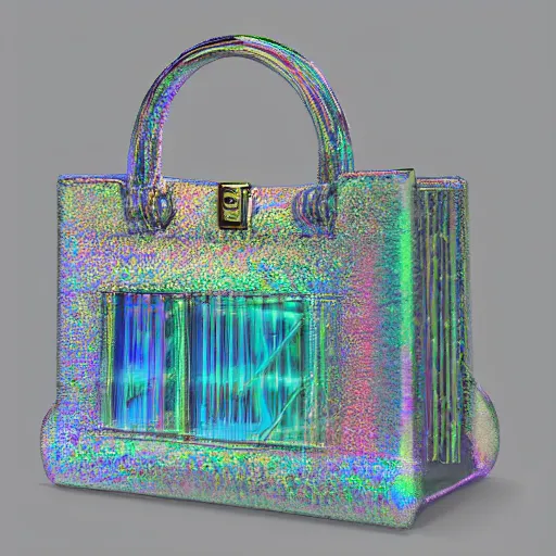 Image similar to a cristal designer bag, iridescent color, fashion shooting, photorealistic, fantasy, artstation, studio photo