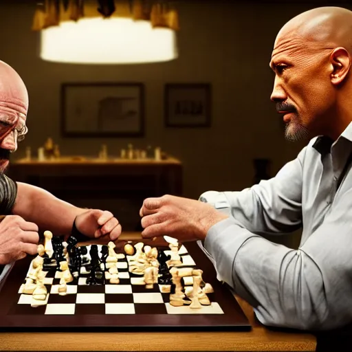 Image similar to photo of walter white and dwayne johnson playng chess, detailed 4 k