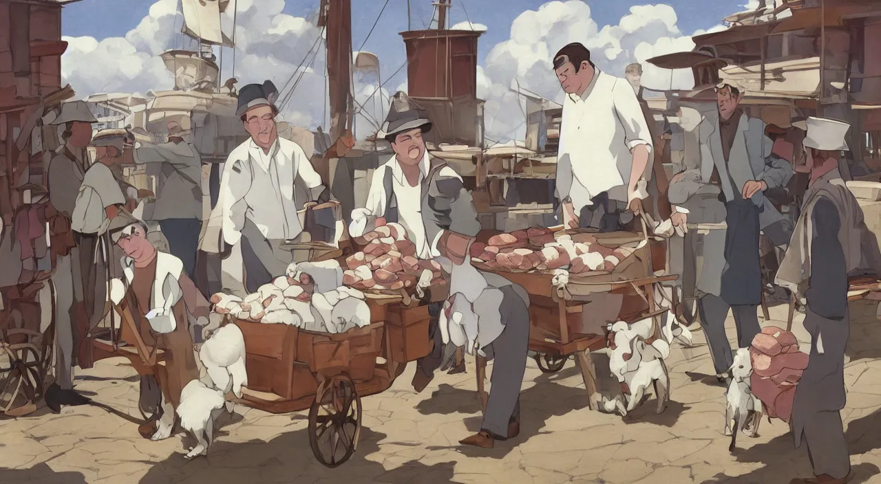 Prompt: ernest shackleton in a crisp white linen shirt and slacks, loading a cart with sausages and hams, havanese dogs running around the cart, cuba, 1 9 0 0, genndy tartakovsky, atey ghailan, goro fujita, studio ghibli, rim light, late morning lighting, clear focus, very coherent