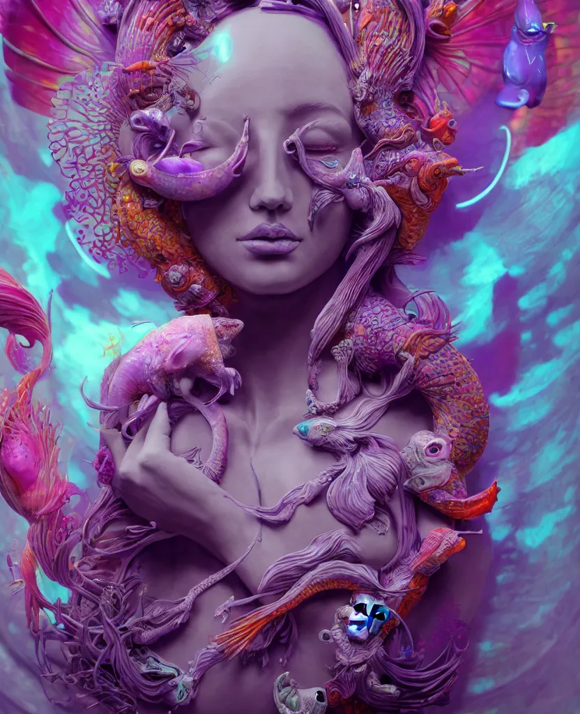 Image similar to goddess full color painted acryllic sculpture close-up portrait. orchid bird phoenix head, nautilus, skull, betta fish, bioluminiscent creatures, intricate artwork by Tooth Wu and wlop and beeple. octane render, trending on artstation, greg rutkowski very coherent symmetrical artwork. cinematic, hyper realism, high detail, octane render, 8k