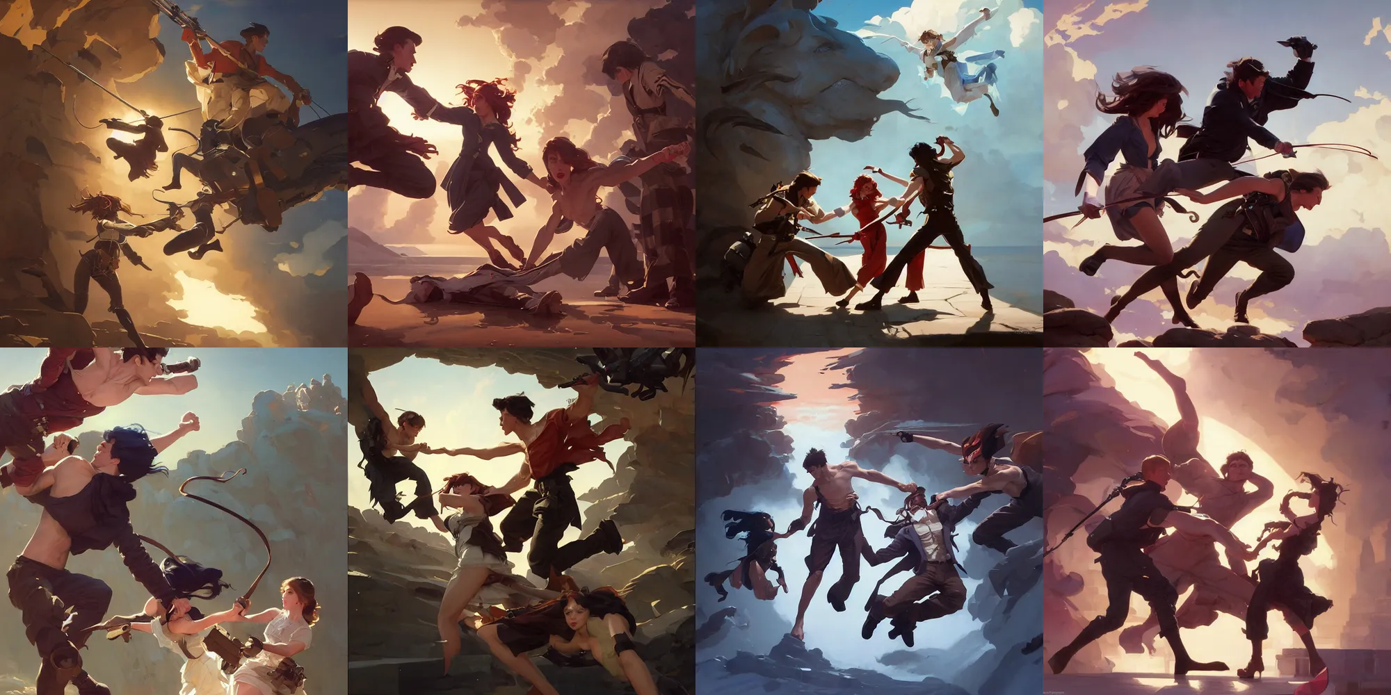 Prompt: sargent and leyendecker and greg hildebrandt, dynamic fighting scene, with a cute russian brunette young girl with long hairs, anime, stephen bliss, unreal engine, fantasy art by greg rutkowski, loish, rhads, ferdinand knab, makoto shinkai, ilya kuvshinov, rossdraws, global illumination, radiant light, detailed and intricate environment