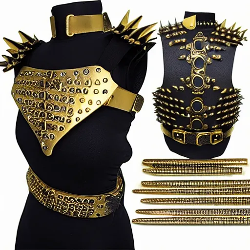 Prompt: female functional practical body armor steel gold medieval draconic spikes shiny realistic photo 4k