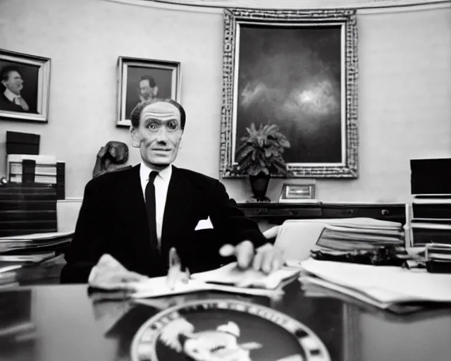 Image similar to a b-move alien lizard man wearing a suit, in the oval office, 1951, early black and white photo, cdx