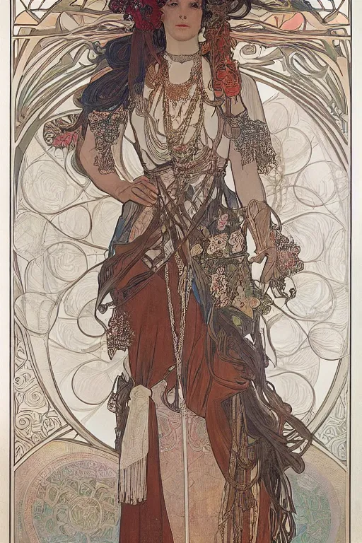 Prompt: artwork by Alphonso Mucha ,a mechanical queen ,wearing gorgeous clothes,Rembrandt Lighting