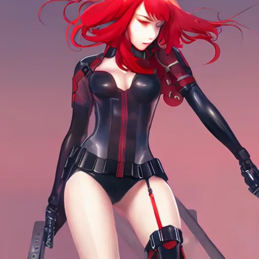 Image similar to black widow as an anime girl by Stanley Artgerm Lau, WLOP, Rossdraws, James Jean, Andrei Riabovitchev, Marc Simonetti, and Sakimichan, trending on artstation