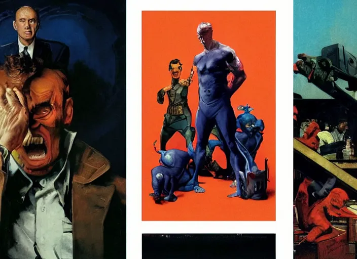 Prompt: a still from the movie avengers : endgame of francis bacon and norman rockwell and james jean, a still from the movie the godfather, and mark brooks, triadic color scheme, by greg rutkowski, syd mead and edward hopper and norman rockwell and beksinski, dark surrealism, orange and turquoise