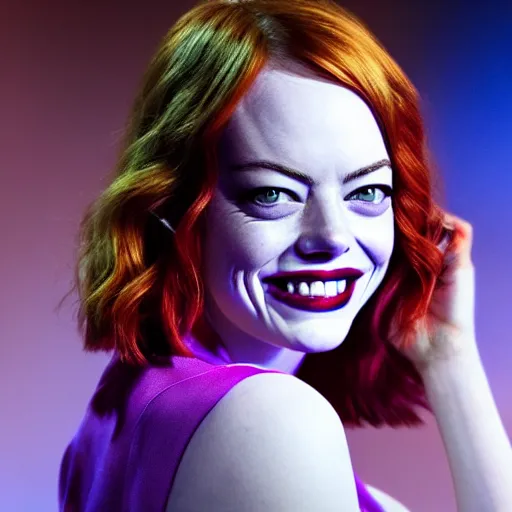 Image similar to Emma Stone playing The Joker smiling maniacally 8k HDR