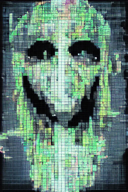 Prompt: man made glitch art, game character