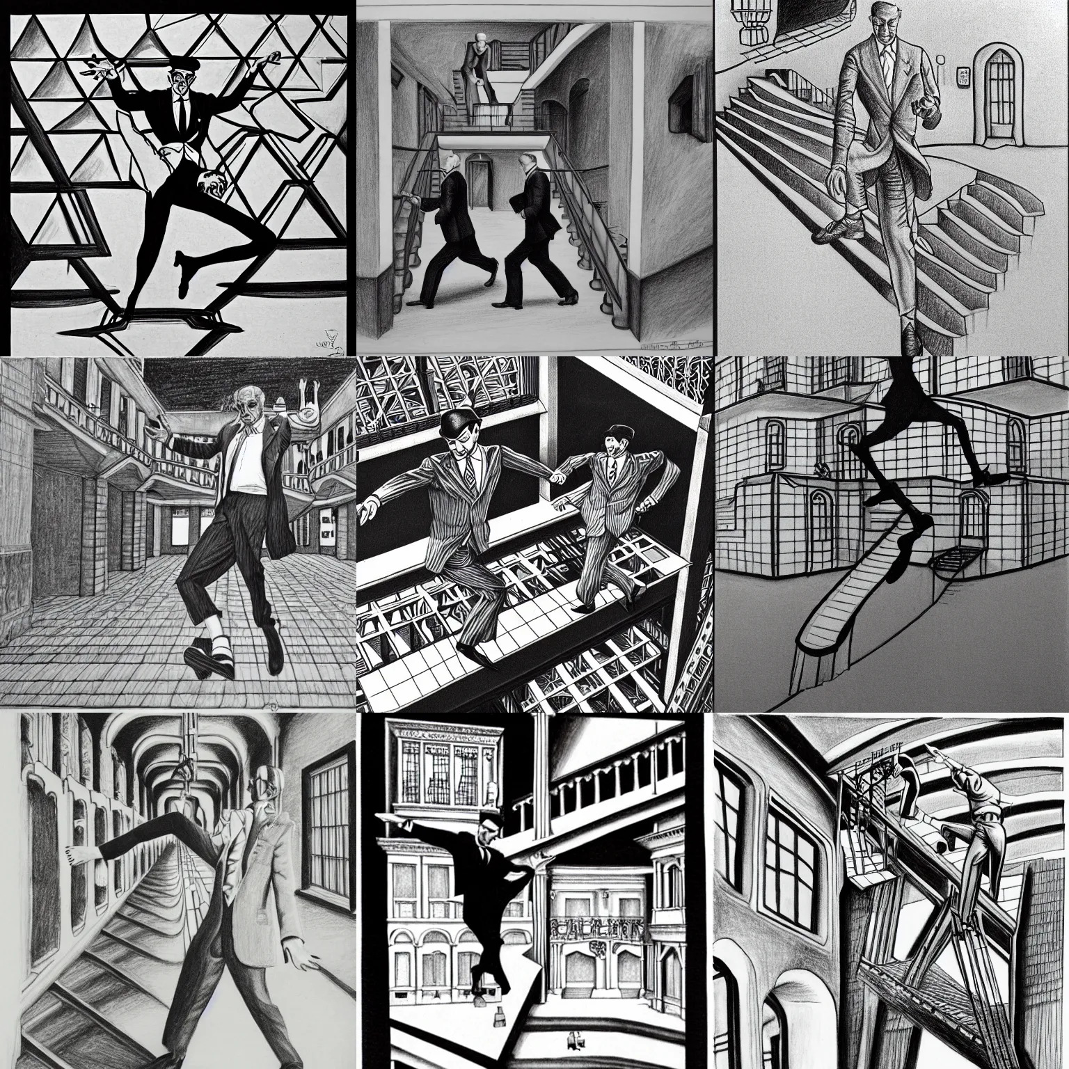 Prompt: MC Escher drawing the Ministry of Silly Walks, black and white, 3 point perspective