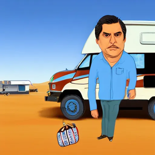 Image similar to current president of uruguay Lacalle Pou holding a ziplock bag with baby blue meth, desert background, next to an rv, by stephen bliss, gta loading screen