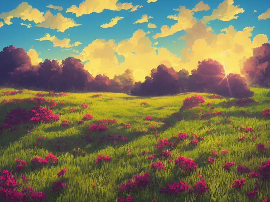 Prompt: green lush Field with beautiful flowers, aesthetic, calming, pink and yellow clouds in the sky, brightly illuminated by rays of sun, Clouds backlit by the sun, sunset ,artstation, colorful sylvain sarrailh illustration, by peter chan, day of the tentacle style