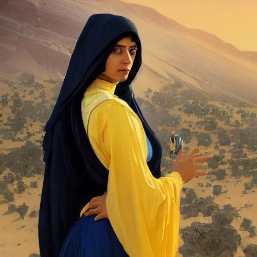 Prompt: portrait of a middle - eastern female cleric with straight black hair wearing blue and yellow vestments exploring a village in a desert, fantasy, highly detailed, digital painting, artstation, concept art, character art, art by greg rutkowski and tyler jacobson and alphonse mucha