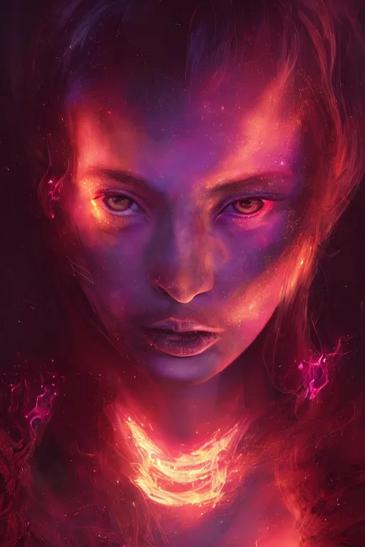 Image similar to a beautiful portrait of a young cosmic Demon women covered in deep purple flames with an intense look on her face by Greg Rutkowski, Sung Choi, Mitchell Mohrhauser, Maciej Kuciara, Johnson Ting, Maxim Verehin, Peter Konig, Bloodborne , 8k photorealistic, cinematic lighting, HD, high details, atmospheric , trending on artstation