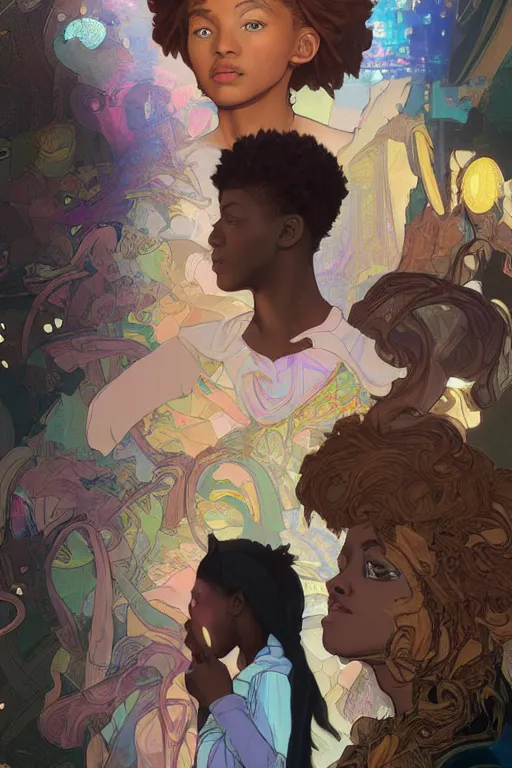 Prompt: digital painting of black teenager manipulating three dimensional holographic screens in the metaverse as seen on artgerm, octane render, in the style of alphonse mucha, ultra realistic, highly detailed, 8 k, by wlop, james jean, victo ngai! muted colors, very detailed, art fantasy by craig mullins, thomas kinkade