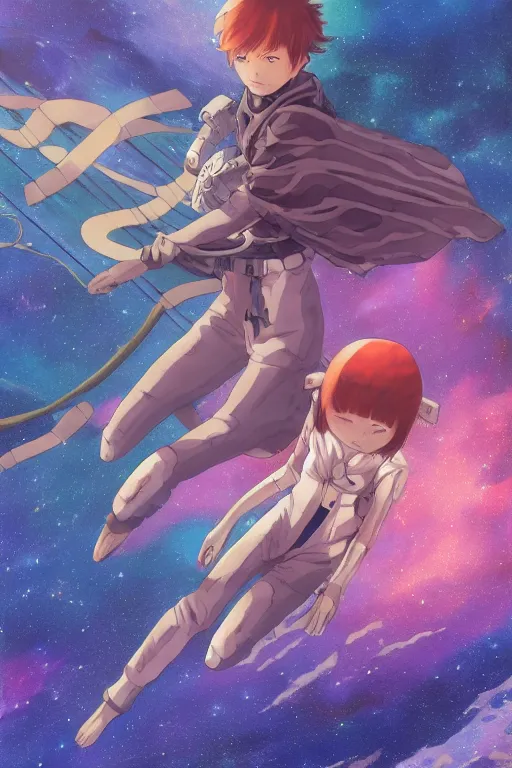 Prompt: floating on a nebula river in space, last exile, loish, yoshitoshi abe, yuya nagai, Ilya Kuvshinov, murata range, jean giraud, makoto shinkai, kawaii, sketch, beautiful, highlights, cosmic, dreamy,gradation, vibrant colors, matte print, high saturation, detailed, studio lighting, anime, manga