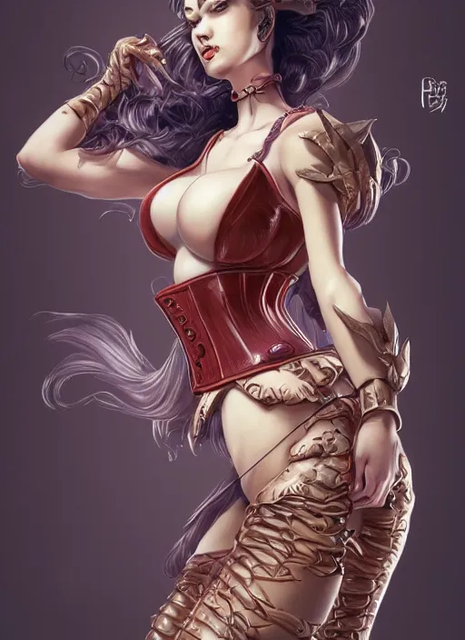 Prompt: Portrait of Koopa-hime in corset,big hornes and turtle tail, intricate body, whole body highly detailed, digital painting, artstation, concept art, smooth, sharp focus, illustration, art by Hajime Sorayama
