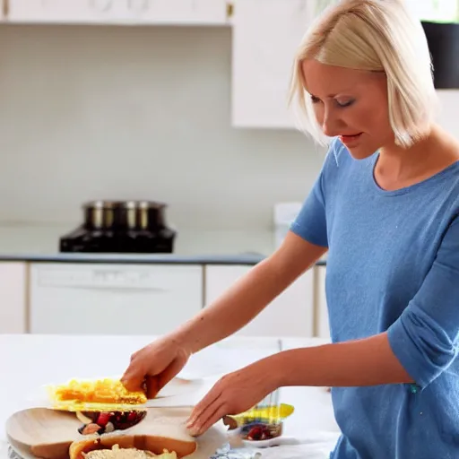 Image similar to Swedish blonde wife making breakfast to her husband,