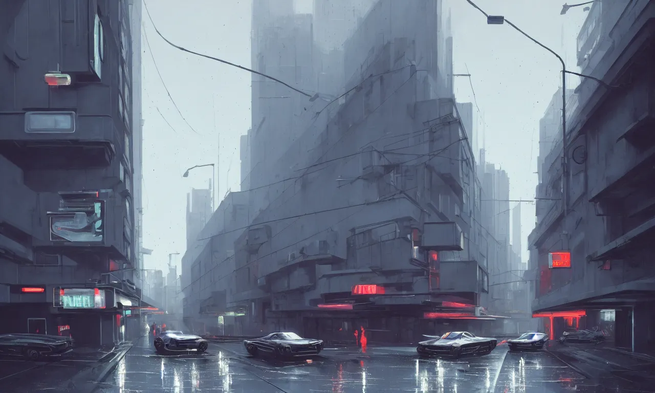 Prompt: photorealistic streetscape, simple brutalist architecture, metal, concrete, wet streets, white neon lights, neon signs, flying vehicles, pedestrians, greg rutkowski, syd mead, ralph mcquarrie, concept art, matte painting, finely detailed, minimal artifacts, rule of thirds, dynamic lighting, cinematic, denoised, centered, artstation