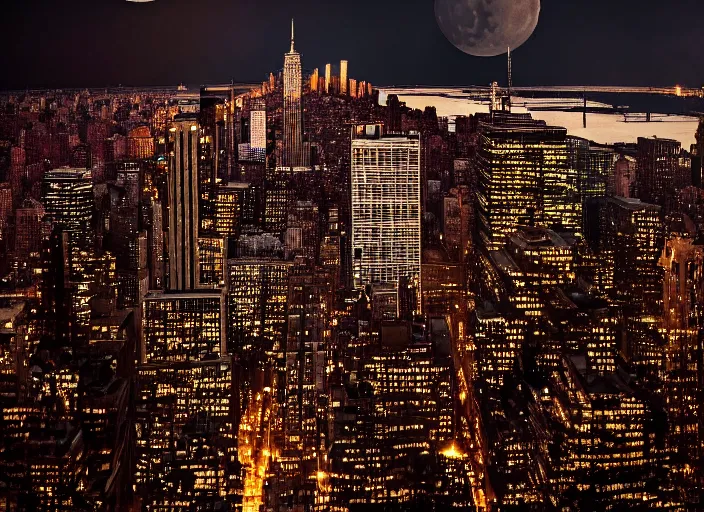 Image similar to film still of the moon shattering into pieces over manhatten in the new disaster movie, 8 k, night time