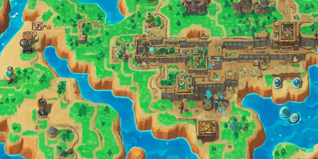 Image similar to tunic the video game map in the style of animal crossing meets legend of zelda breath of the wild