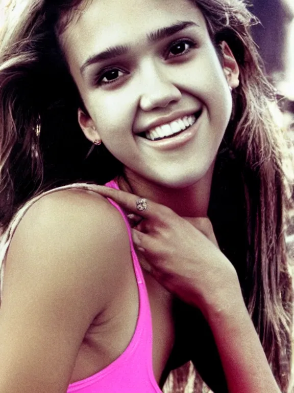 Image similar to hyperdetailed close shot of young jessica alba, with pink tank top with a logo, fine - face, pretty face