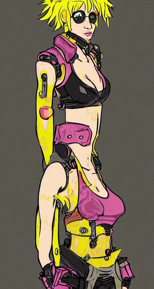 Prompt: portrait of a female gutter punk cyborg, yellow and pink, in the style of Cowboy Bebop