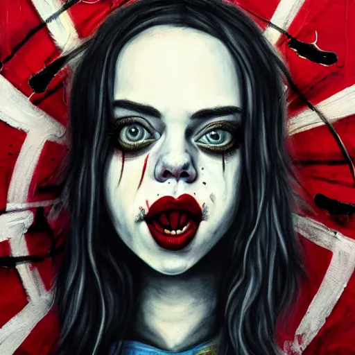 Image similar to grunge painting of billie eilish with her face split down the middle with a wide smile and a red balloon by chris leib, loony toons style, pennywise style, corpse bride style, horror theme, detailed, elegant, intricate