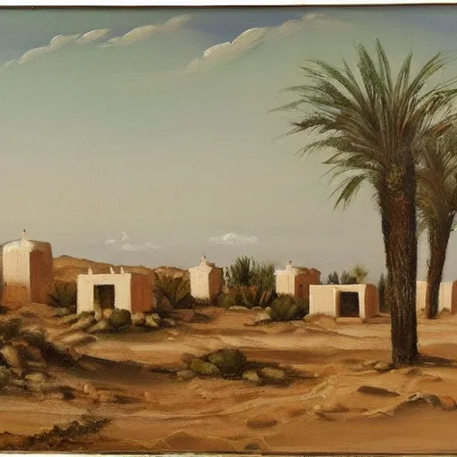 Image similar to a beautiful painting of a village in the desert, white houses, two suns