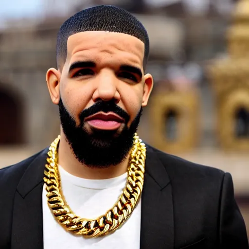 Image similar to drake posing for photo, cuban chain necklace, buzz cut, beard, hindu temple in background