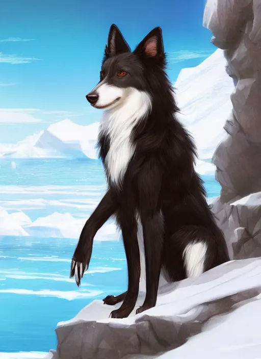 Image similar to beautiful portrait of a cute anthro male anthropomorphic border collie fursona wearing a swimsuit in antarctica. character design by charlie bowater, henry asencio, and ross tran. scenic background, detailed, glamor pose, aesthetic, furry, trending on artstation, top rated on furaffinity and deviantart