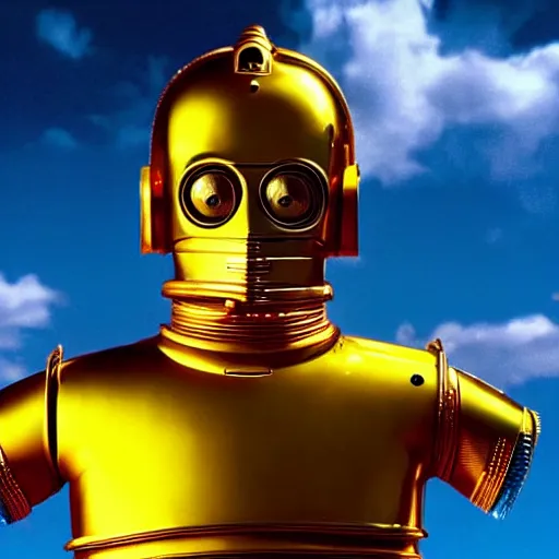 Image similar to entire body portrait of Simpson as C3PO in star wars, background blue sky puffy clouds cinematic 4k