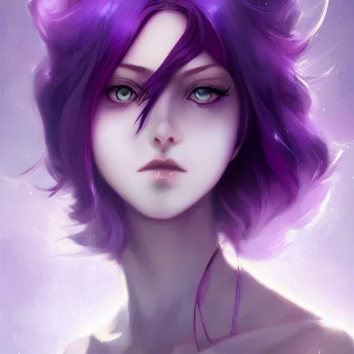 Image similar to beautiful anime women with purple hair, a straight horn on her forehead, purple eyes, a purple tuxedo, sharp focus, intricate, cell shaded, award winning photography, cinematic, digital painting, cinematic, wlop, 8 k, by ross tran, tom bagshaw