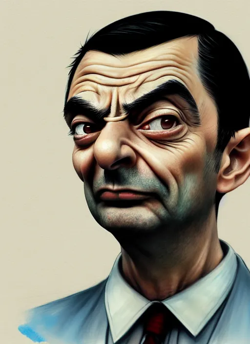 Prompt: highly detailed pencil sketch caricature portrait of mr bean gangster by ross tran, by greg rutkowski, brush strokes, 4 k resolution, light blue pastel background