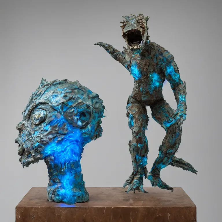 Image similar to hyperrealistic sculpture of a distressed bronze ancient fossilized chibi ultraman kaiju dusted with opalescent blue spraypaint and ferns in a nylon grid cage on a pedestal by ron mueck and duane hanson and lee bontecou, hyperrealistic dramatic colored lighting trending on artstation 8 k