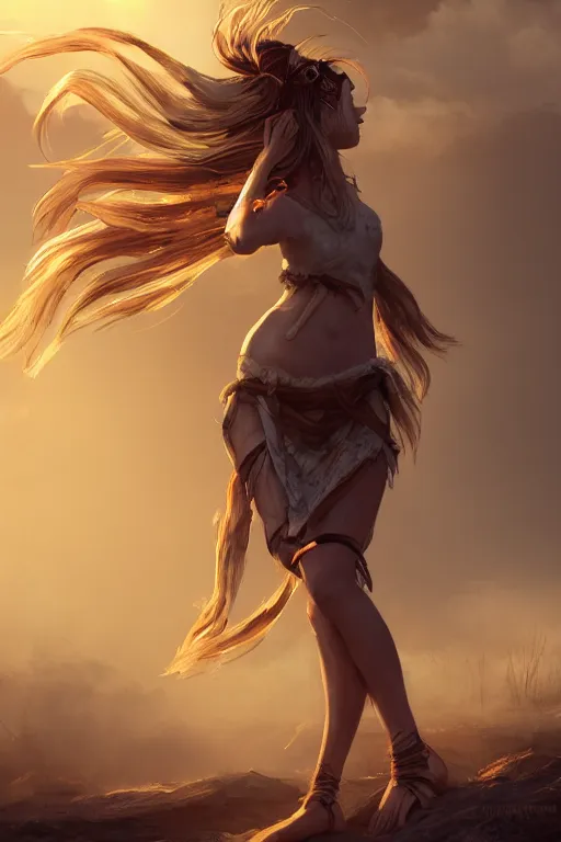 Prompt: beautiful young wind spirit, golden hour, full body, post apocalyptic setting, medium shot, mid-shot, highly detailed, trending on Artstation