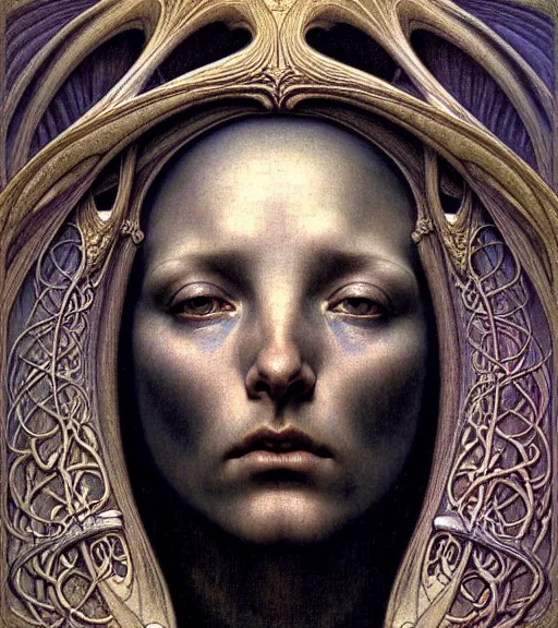 Image similar to detailed realistic beautiful young medieval alien face portrait by jean delville, gustave dore and marco mazzoni, art nouveau, symbolist, visionary, gothic, pre - raphaelite. horizontal symmetry by zdzisław beksinski, iris van herpen, raymond swanland and alphonse mucha. highly detailed, hyper - real, beautiful