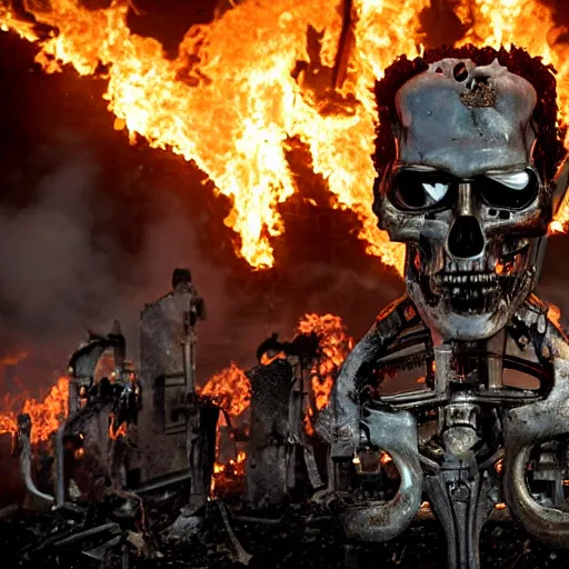 Prompt: terminator endoskeleton graveyard on fire by disney