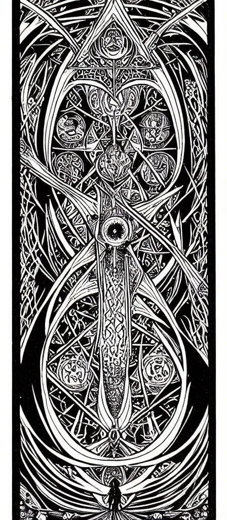 Image similar to a beautiful fractal tarot card featuring bold occult imagery with clean lines. skullpunk demon. dimension. haeckel. detailed adult coloring book