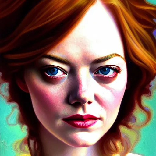 Prompt: oil portrait of emma stone, intricate, elegant, highly detailed, lighting, painting, artstation, smooth, illustration, art by greg rutowski and alphonse mucha