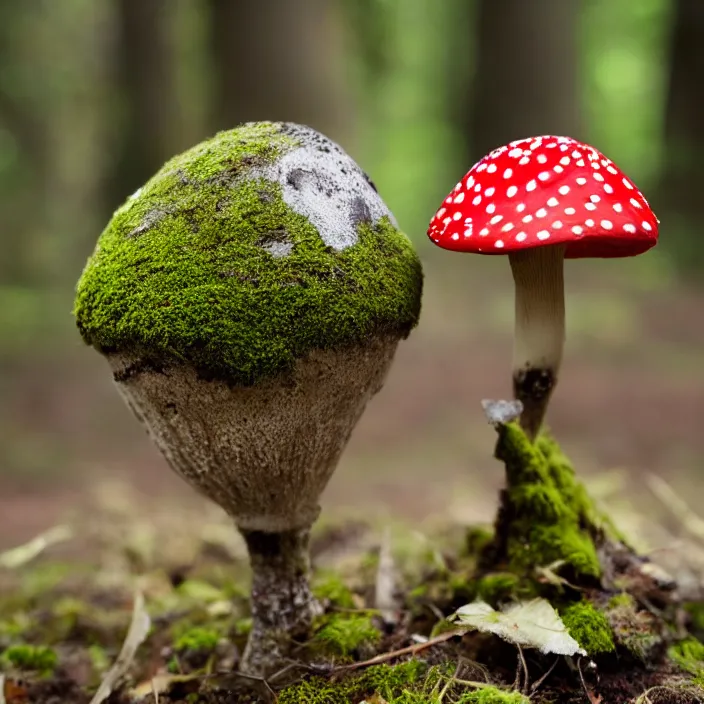 Prompt: amanita muscaria mushroom, in a woodland, moss, leaves, bokeh, depth of field, f / 2. 8