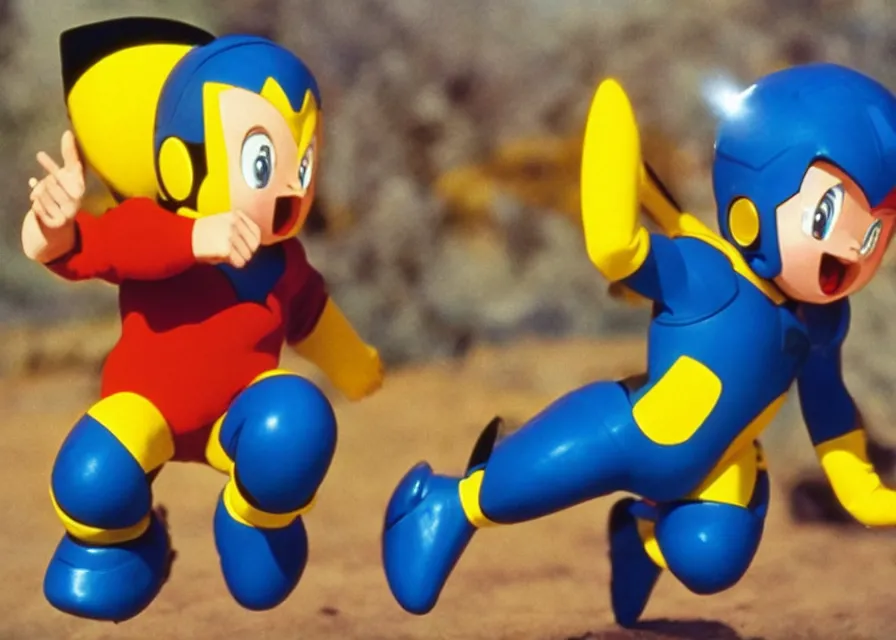 Image similar to Megaman as Pikachu, film still, 1990