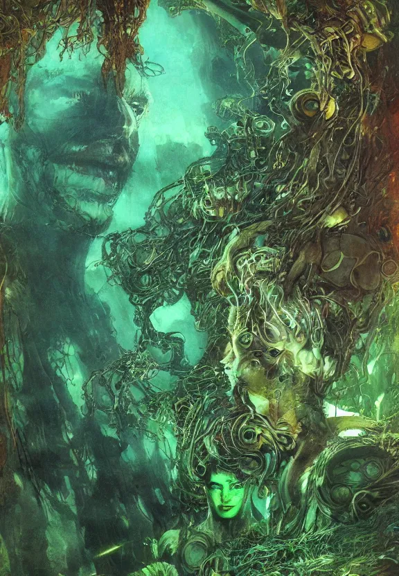 Image similar to ( underwater ) portrait of a glowing cyborg leshy, cinematic light, looking to the side off camera, backlight glow, green gold, mist, by mikhail vrubel, by philippe druillet, by peter elson, by gerald brom, muted colors, extreme detail, trending on artstation, 8 k