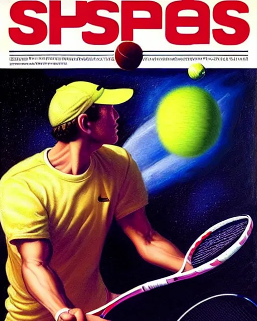 Image similar to cosmic tennis player serving a tennis ball in space, an oil painting, by ( leonardo da vinci ) and greg rutkowski and rafal olbinski, award - winning magazine cover