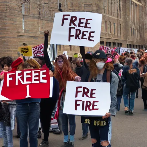 Prompt: protesters holding a sign that says free hat