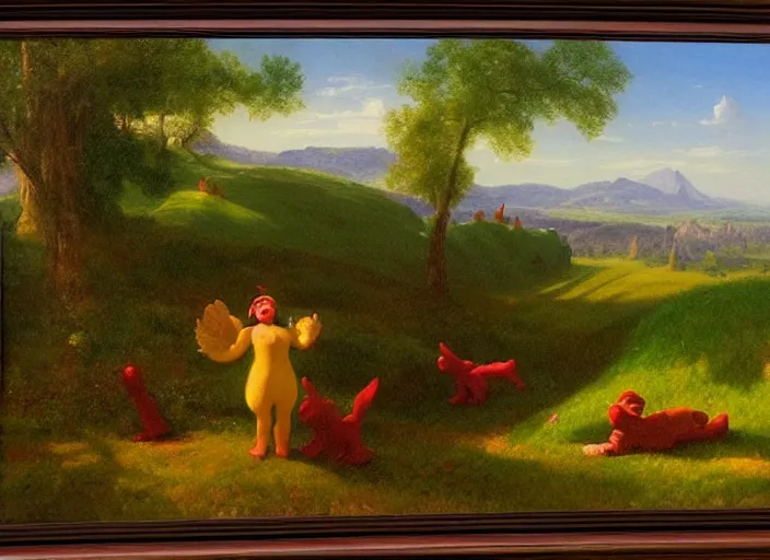 Image similar to american realist romanticism landscape painting of teletubbies in the style of hudson river school and thomas cole and albert bierstadt and robert duncanson