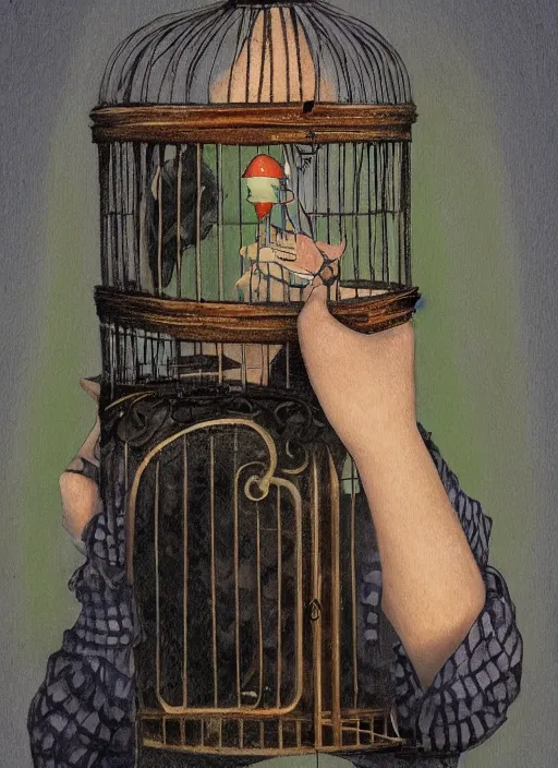 Image similar to a person with a birdcage instead of head by frank frazzetta