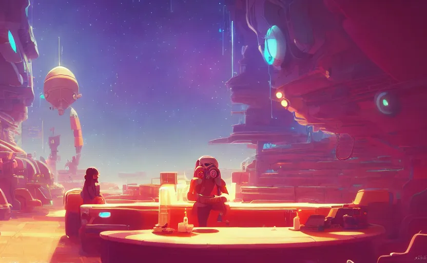 Image similar to a bounty hunter bar in a space opera studio ghibli animated film, global illumination, beautiful composition, volumetric lighting, octane render by artgerm, loish, alena aenami, highly detailed