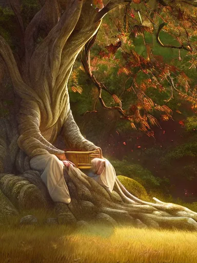 Image similar to a grumphy man, meditating under a bodhi tree. intricate, elegant, highly detailed, digital painting, artstation, concept art, sharp focus, illustration, by justin gerard and artgerm, 8 k