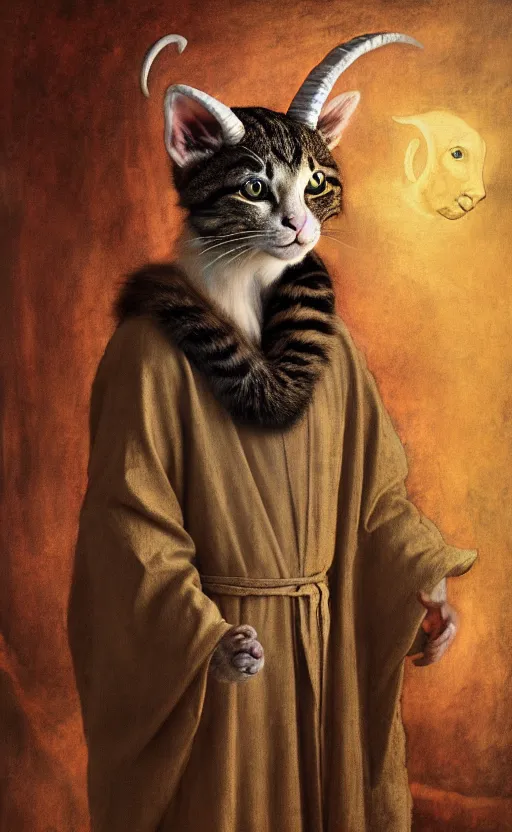 Image similar to a bipedal cat that has goat horns, anthropomorphic cat that is wearing robes, oil painting, by leonardo da vinci, d & d, fantasy, concept art, cosmic, magical, fog, noble, full body portrait, intricate, ornate, extremely detailed, cult, ritual, sharp focus, 4 k, 8 k