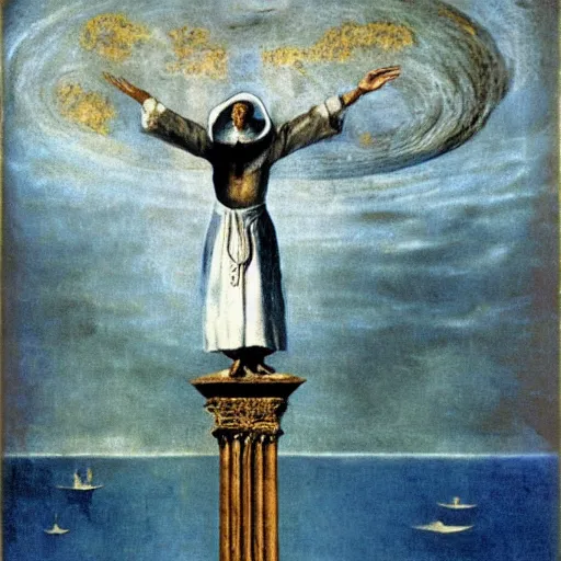 Image similar to The Pope levitating over the sea. El Greco, Remedios Varo, Salvador Dali, Carl Gustav Carus, John Atkinson Grimshaw. Blue tint. Symetrical, logo, geometric shapes.